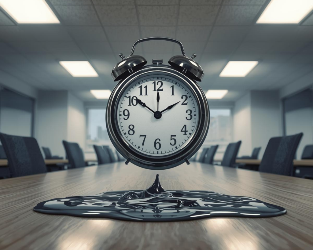 Relógio derretendo sobre a mesa simbolizando tempo perdido e custo de horas extras no ambiente de trabalho.